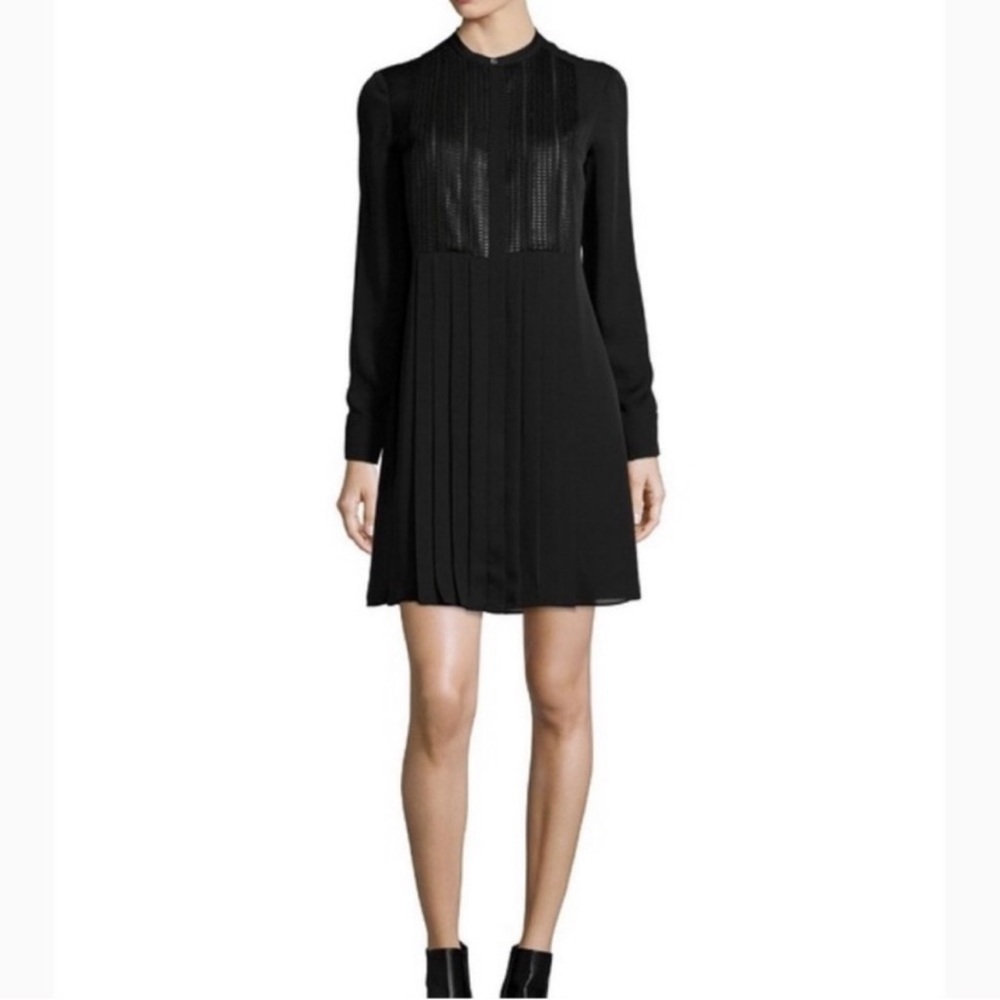 Vince Pleated Silk Dress with Mesh Bib, Black